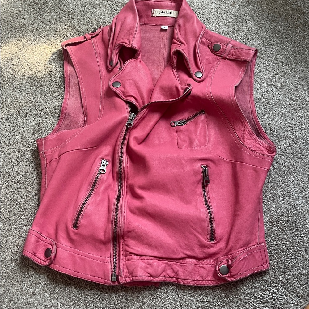 Pink Leather Zip Moto Vest szS 3 Pocket Snap Collar, Lapels, Waist Tabs Epaulets
